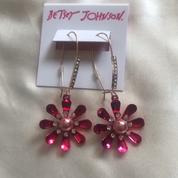 Betsey Johnson Gold Tone Red Metallic Daisy Drop Earrings Crystal Accents NWT - Picture 5 of 10